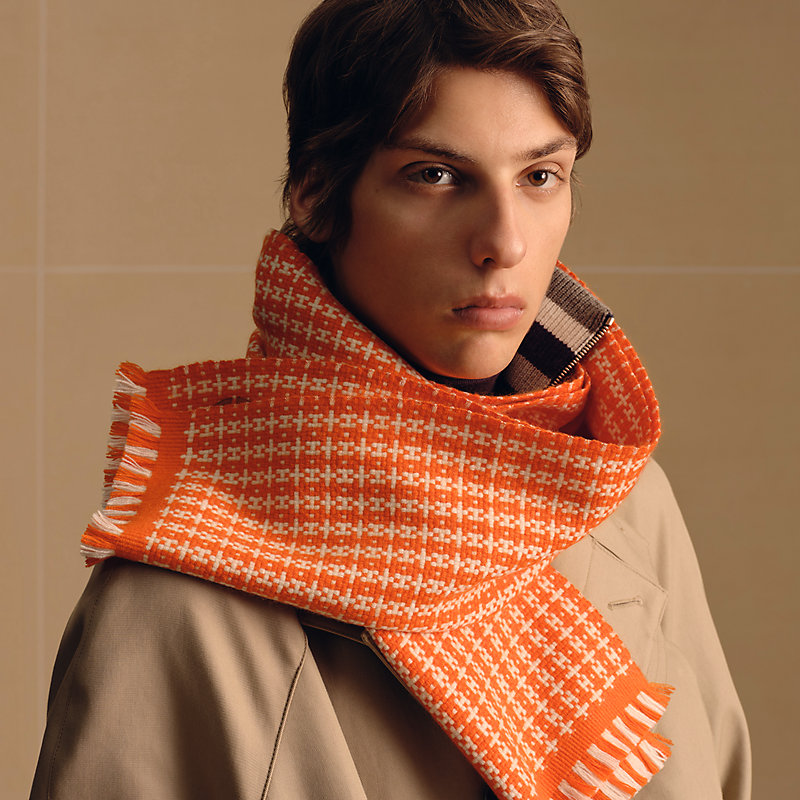 Hermès 100% Cashmere Scarf Orange Logo Made in Scotland
